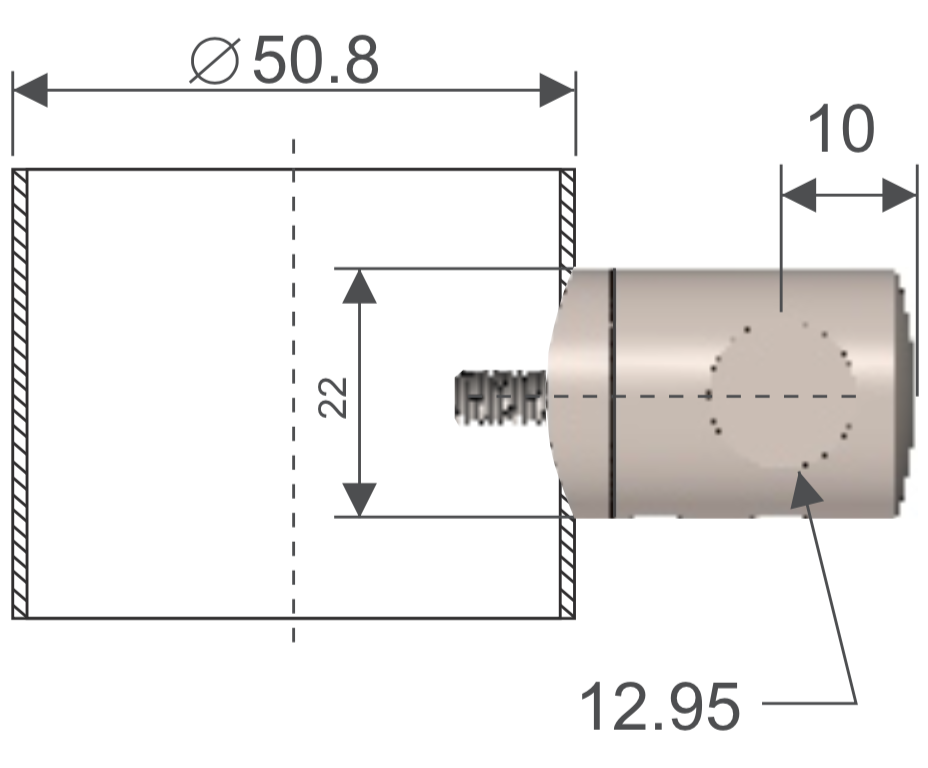 Conector intermedio derecho para tubo 2" HRD 1406 — vista técnica