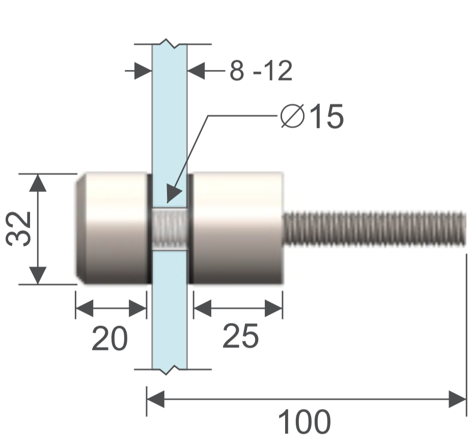 Conector 32 x 25mm. para vidrio-muro. HRD 1307 — vista técnica