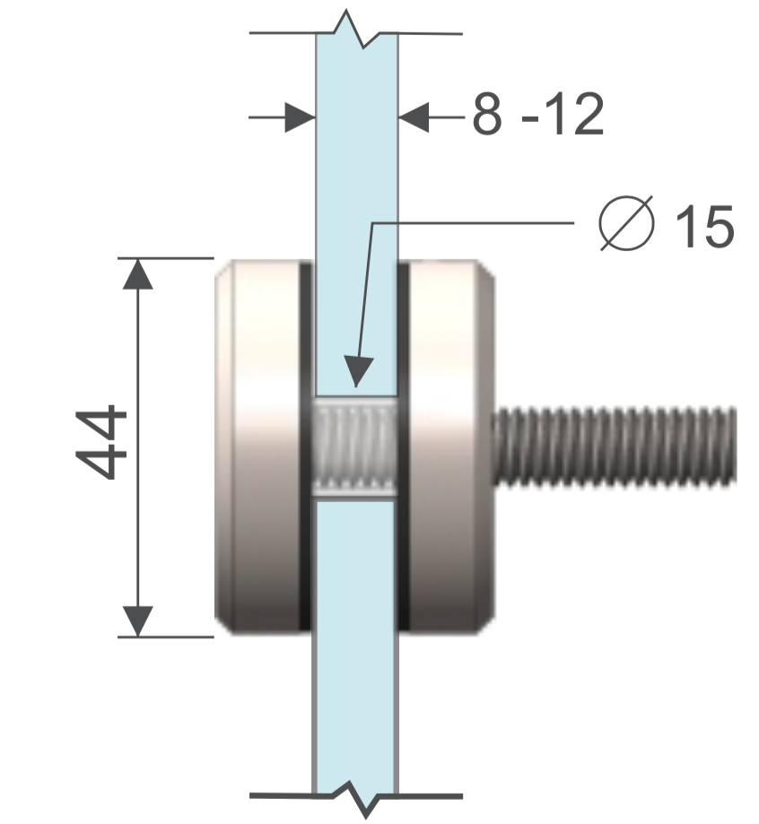 Botón 44mm. conector vidrio-muro. HRD 1302 — vista técnica