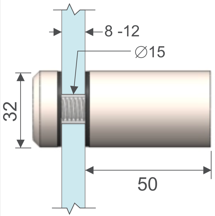Conector 32 x 50mm. para vidrio-muro. HRD 1305 — vista técnica