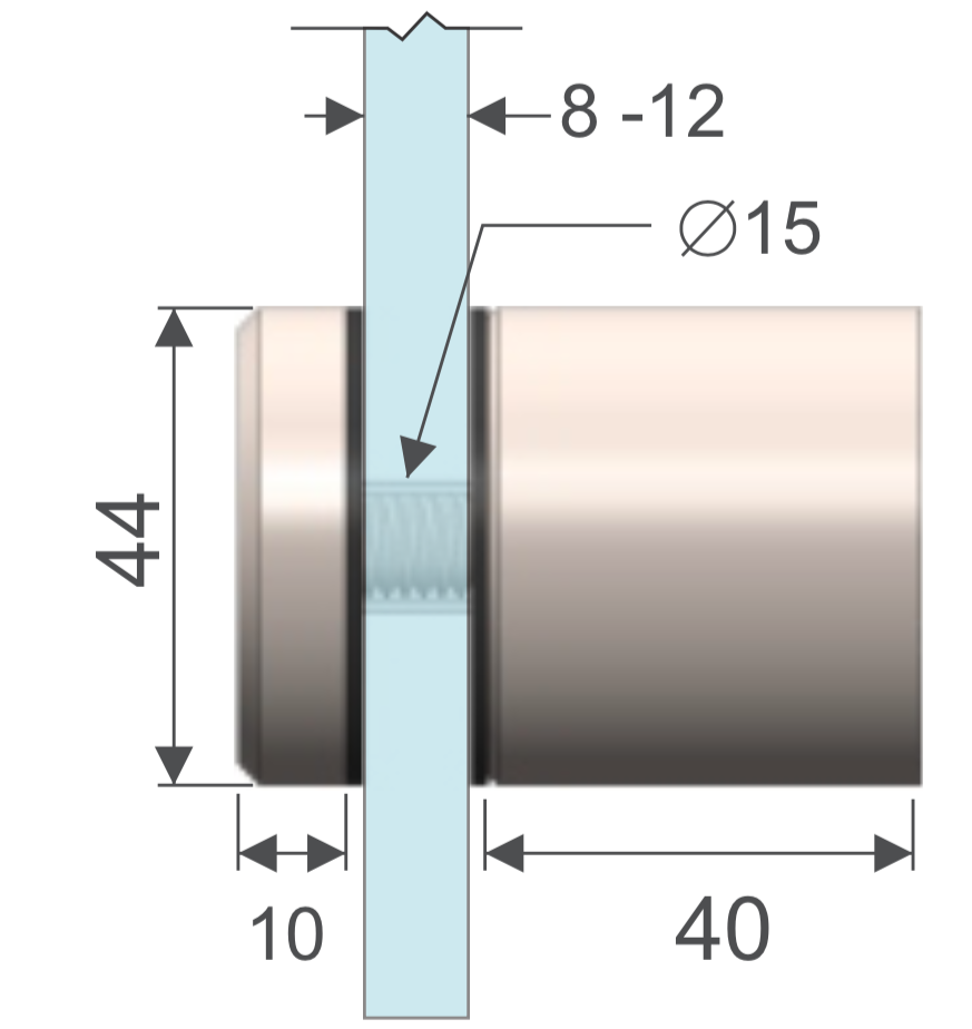 Conectar 44 x 40mm. para vidrio muro. HRD 1303 — vista técnica