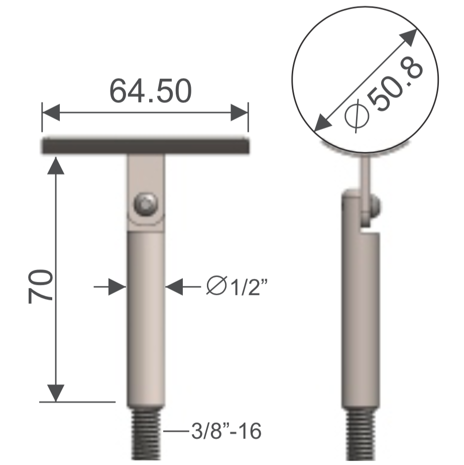Vela articulada para tubo de 2" HRD 1408 — vista técnica