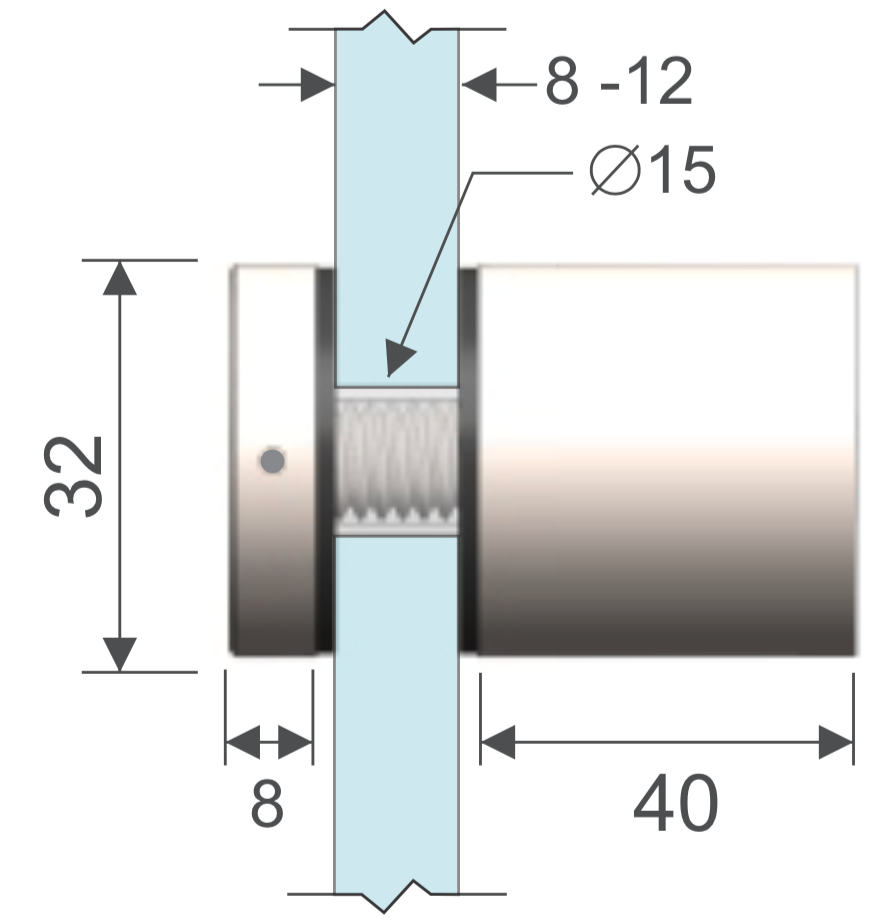 Conector 32 x 40mm. para vidrio-muro. HRD 1306 — vista técnica