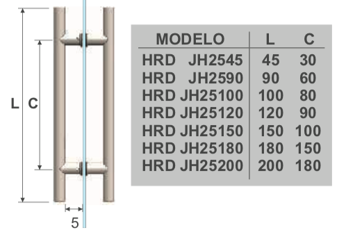 Jaladera Tipo H Calibre 18 Tubo 1 1/4" (32mm). HRD JH32 — vista técnica