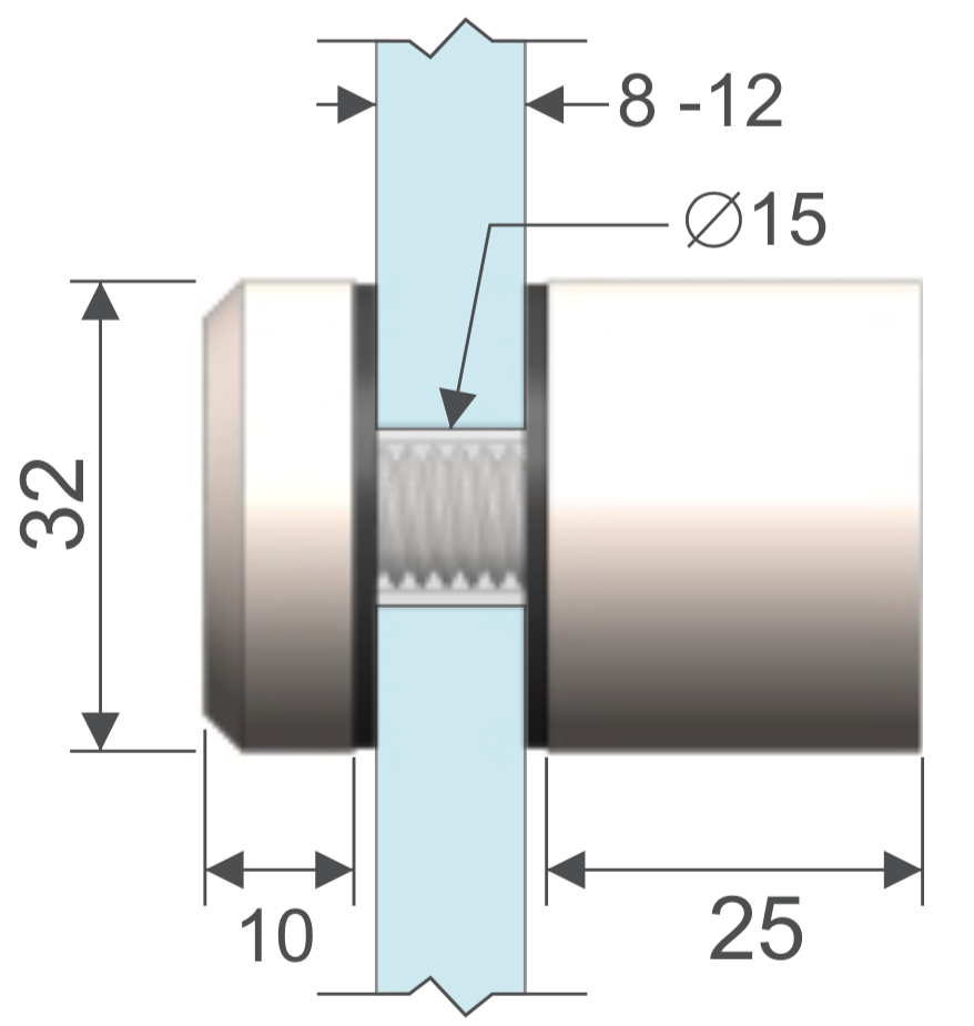 Conector 32 x 25mm. para vidrio-muro. HRD 1304 — vista técnica
