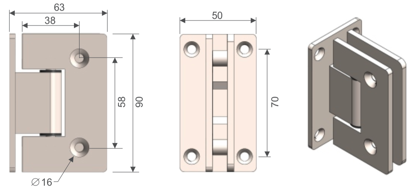 Bisagra muro-vidrio sin bisel HRD 2020 — vista técnica