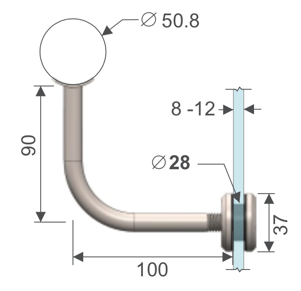 Soporte barandal a vidrio HRD 1418 — vista técnica