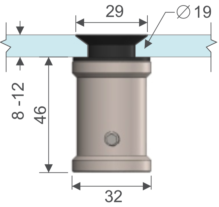Conector Avellanado 32 x 46mm. para vidrio-muro. HRD 1309 — vista técnica