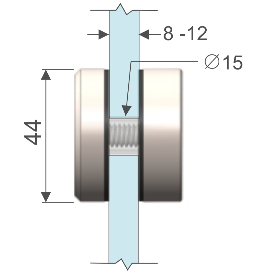 Botón conector vidrio-vidrio 44mm. HRD 1301 — vista técnica