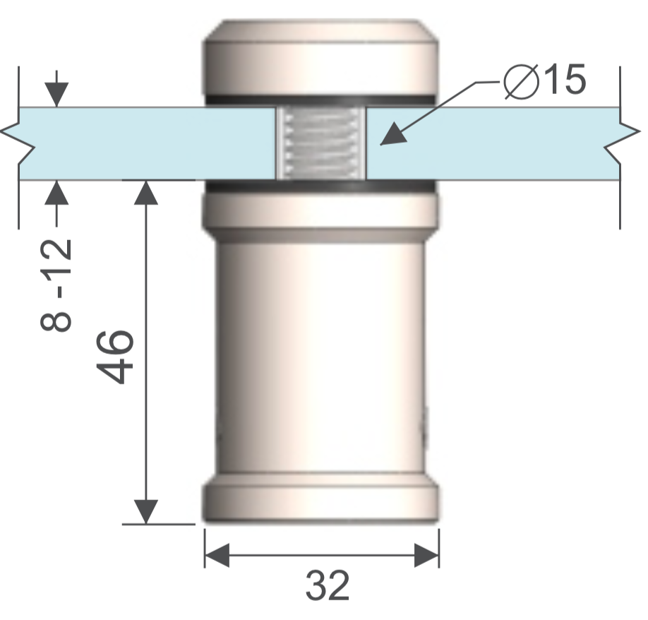 Conector 32 x 46mm. para vidrio-muro. HRD 1310 — vista técnica