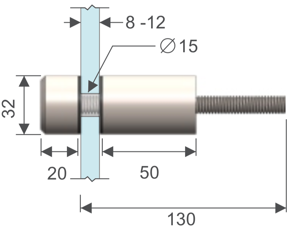 Conector 32 x 50mm. para vidrio-muro. HRD 1308 — vista técnica